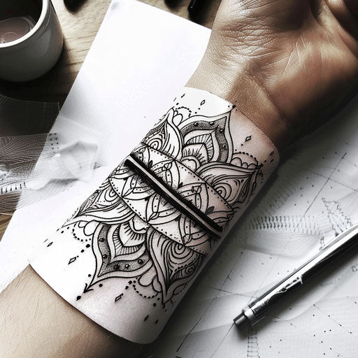 Flat tattoo sketch of a wrist band with intricate mandala patterns