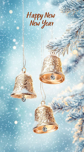 Shimmering golden bells against icy blue sky