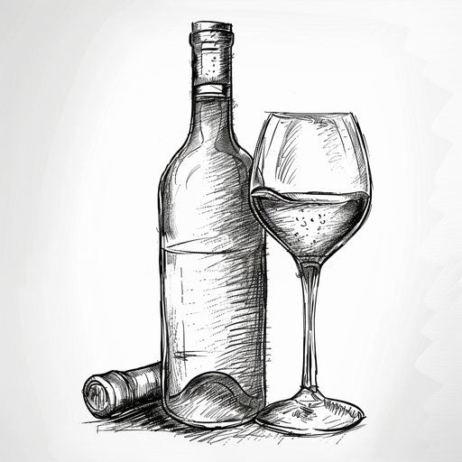 Italian wine bottle and glass tattoo, elegant and simple, on white background