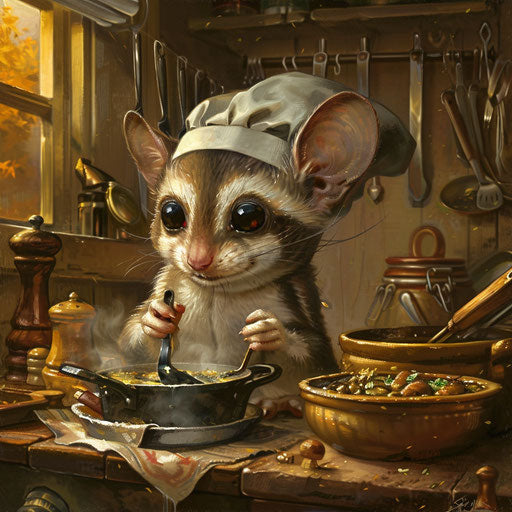 A flying squirrel as a chef cooks up miniature gourmet meals for other animals
