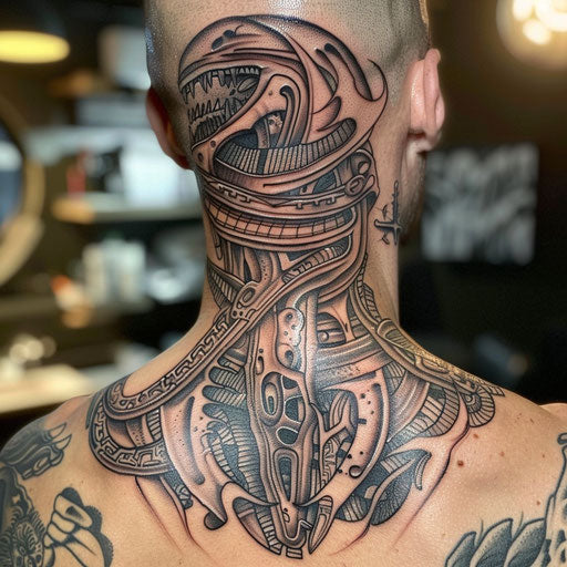 Neck tattoo with biomechanical elements