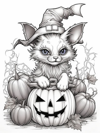 Halloween cats with bats and pumpkins coloring page witch