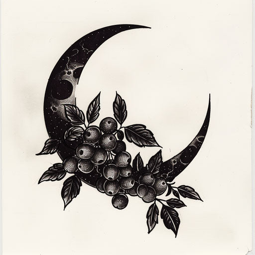 Bold and dark flat tattoo sketch with a cluster of juniper berries silhouetted against the moon