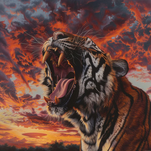 Roaring tiger fiery sunset backdrop