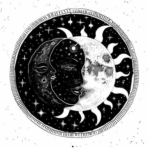 Elegant sun and moon silhouette in circle on white