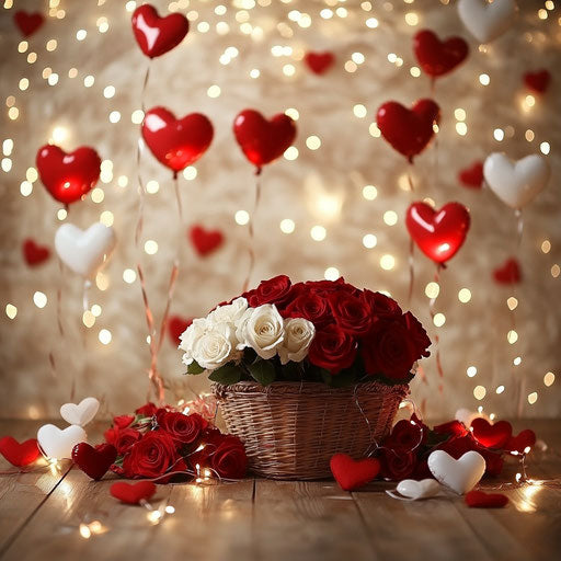 Valentine's Day backdrop with roses, heart-shaped balloons, and lights