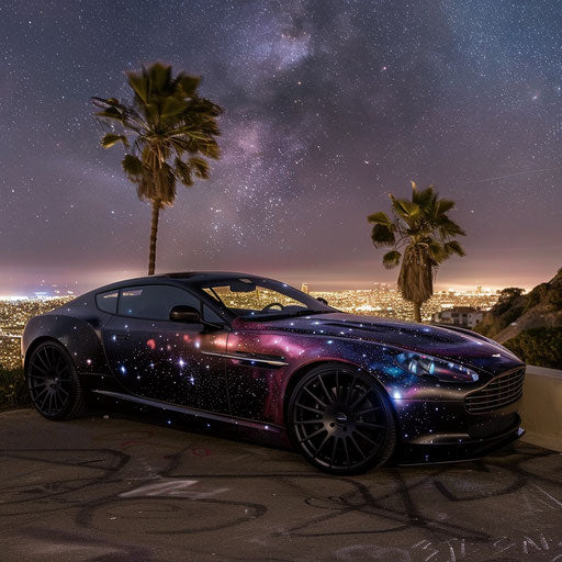 Space-themed Aston Martin DB7 Zagato parked overlooking starry night