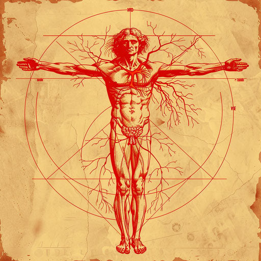 Heartwarming tattoo sketch of the Vitruvian Man with heart anatomy superimposed, in vivid reds, styled in a health-themed clipart design