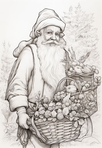 Santa Claus with a basket of gifts coloring page