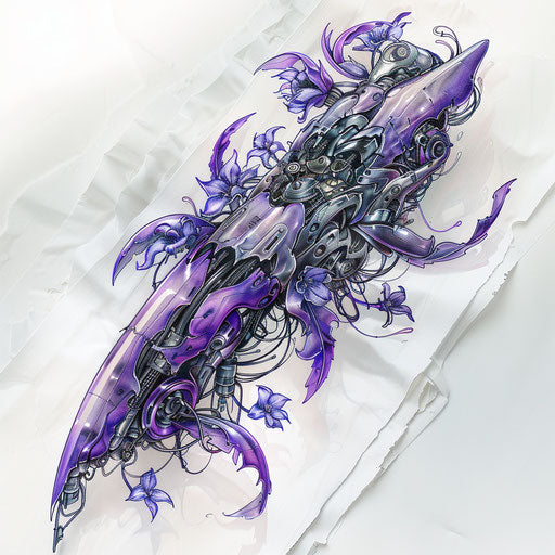 Biomechanical lilac tattoo with integrated mechanical parts