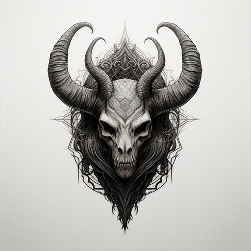 Witchy goat head tattoo, occultist draftsman style