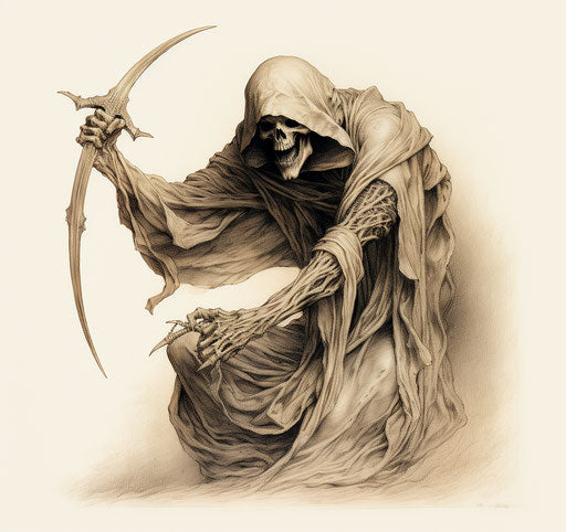 Pencil sketch of reaper tattoo slaying with a scythe