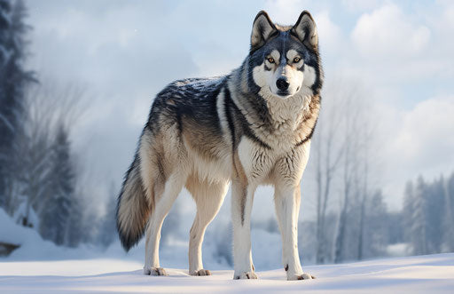 Blue husky dog in snow, dark maroon & light beige style