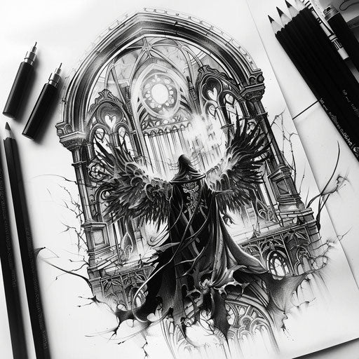 Gothic flat tattoo sketch of a shinigami in a dark, ornate cathedral setting