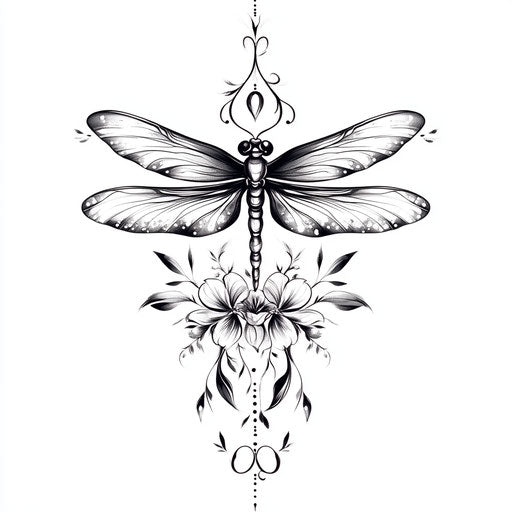 Stylized thigh tattoo with dragonfly and flowers