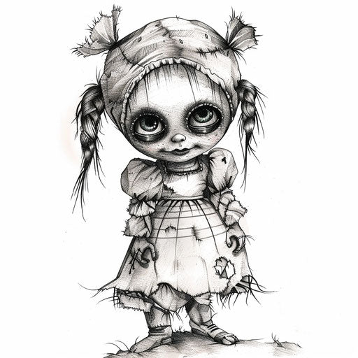 Creepy old doll with empty eyes, horror tattoo artwork on white background