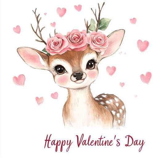 Cute baby deer with pink roses, hearts, Happy Valentine's Day inscription, digital airbrushing, soft watercolor, pastel colors