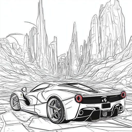 Ferrari in a sci-fi landscape, Hideo Kojima style, imaginative and bold Coloring book page