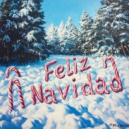 Merry Christmas in candy canes on fresh snow