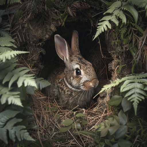 Wild rabbit coming out of burrow in untamed garden, Tim Flach style