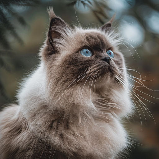 Close-up of a Himalayan cat with fluffy coat, looking curious outside