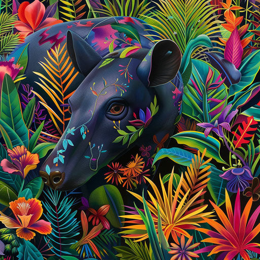 Tapir among vibrant tropical plants, colorful and lively
