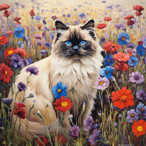 Himalayan cat in a field of flowers