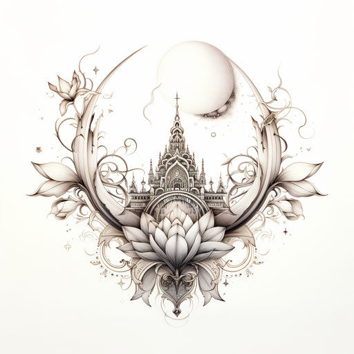 Lotus and moon in fanciful ornamental style
