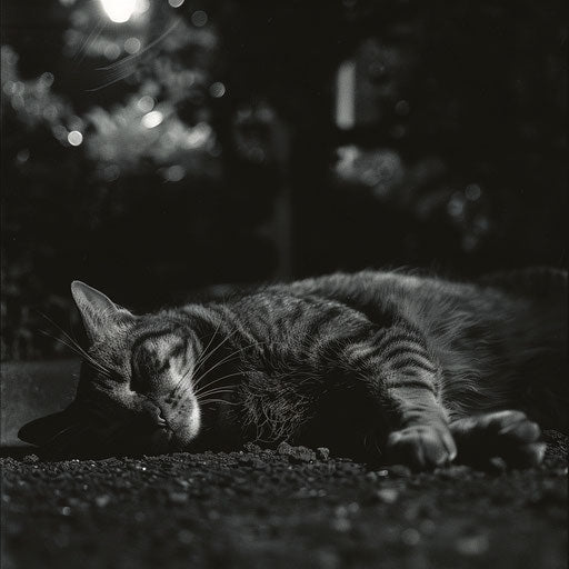chubby cat outside at night