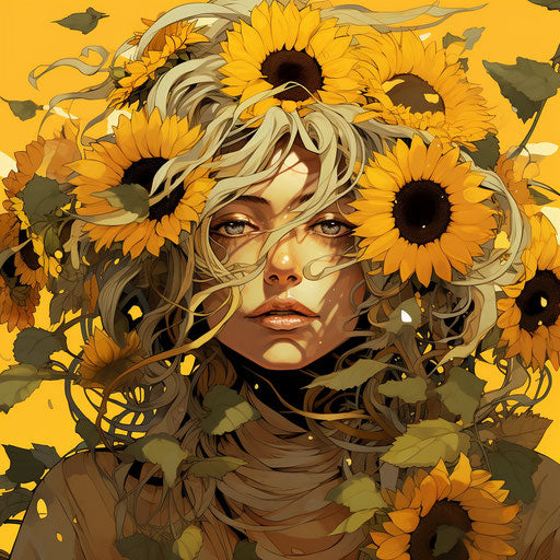 Sunflower drawing on white background, bold manga style