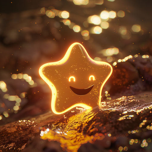 Emo face smiling at a star, light brown and yellow style