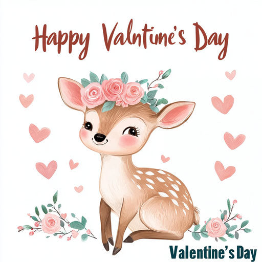 Cute baby deer with pink roses, hearts white background