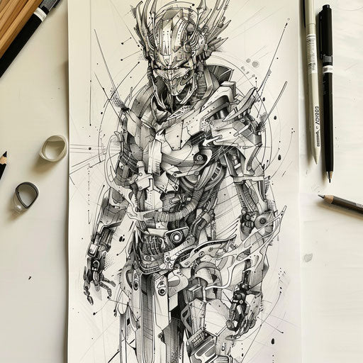Futuristic tattoo sketch of an oriental robot warrior with metallic effects and modern design