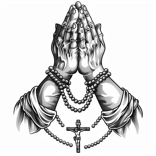 Illustration of a traditional Catholic prayer hands tattoo with rosary beads, black and white design on a white background.
