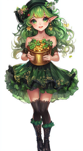 Elegant Girl Leprechaun with Gold Pot and Rainbow Shamrocks