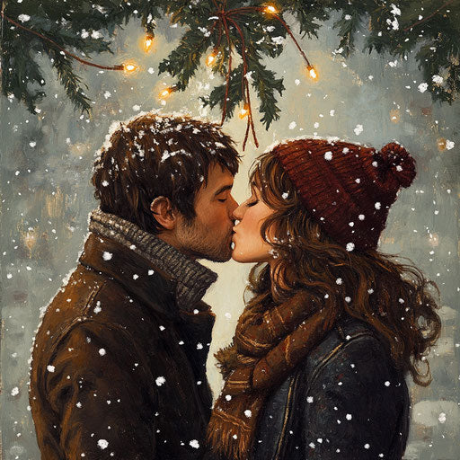 Spontaneous kiss under mistletoe in snowy park