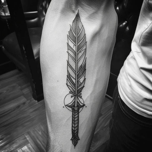 Cool tattoos for men with feather and arrow, Steve McNiven style, on forearm