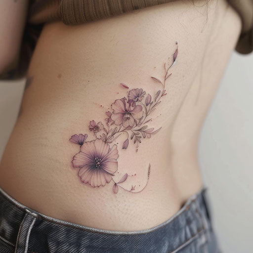 Wildflower ribcage tattoo, delicate design in pink and purple