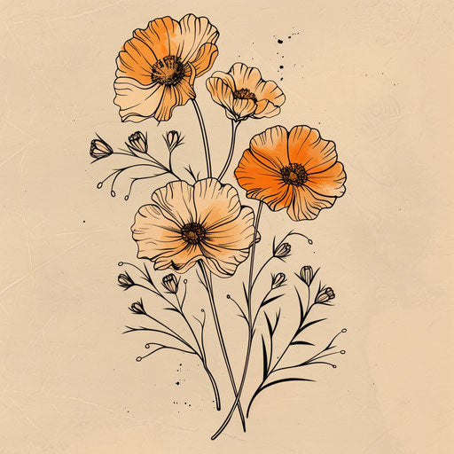 Zen style tattoo sketch of marigolds with minimalist lines and a tranquil, meditative color palette
