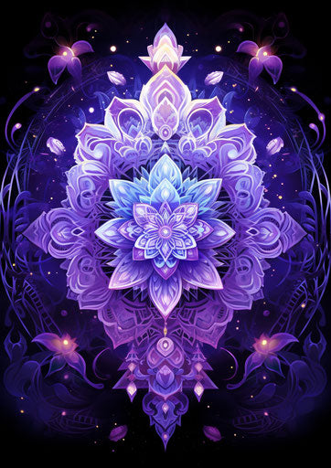 White and violet mandala, masks and totems, celestialpunk