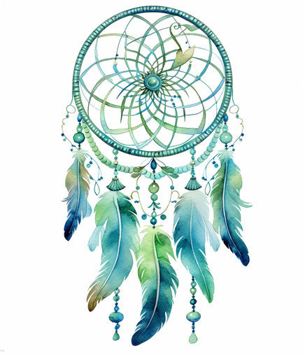 Dream catcher with green feathers and dots on white background