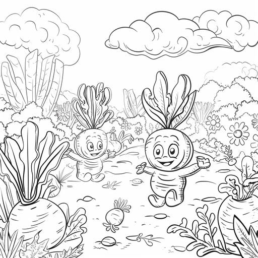 Carrot race with vegetable characters - coloring page