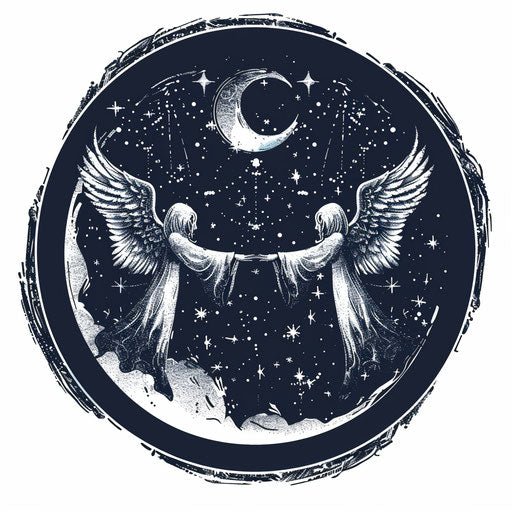 Mystical flat tattoo sketch of an angel and devil under a starry sky, minimalist, dark blue and white
