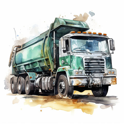 Garbage truck clipart in the style of Oil painting on white