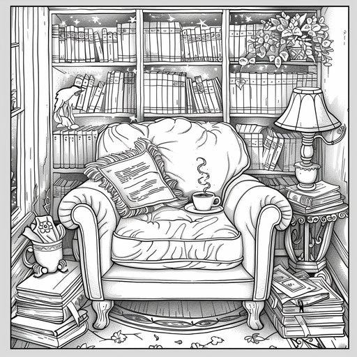 Quiet corner with a reading chair, books, and a steaming cup of tea. Coloring book page