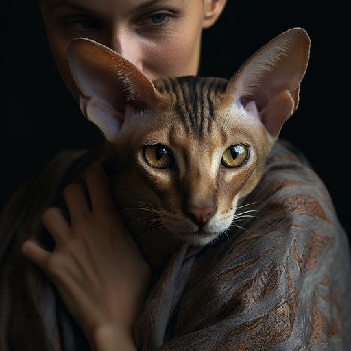 Oriental shorthair cat being held by its owner