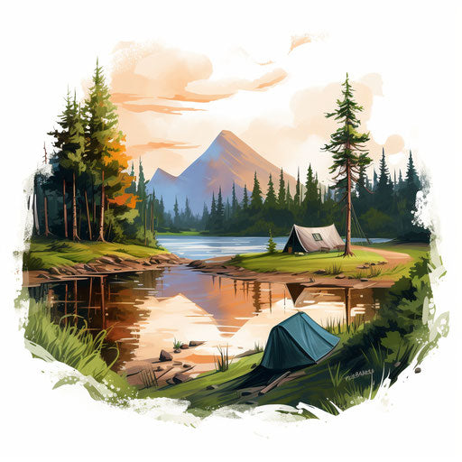 Summer camp clipart in the style of oil painting, on white background