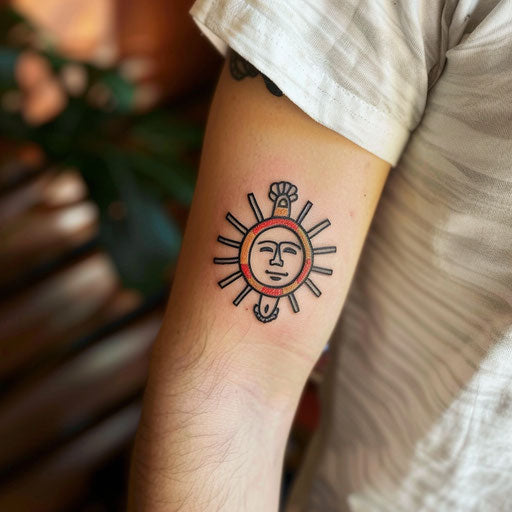 Minimalist Mayan sun tattoo, black outline with red and yellow accents, on white background