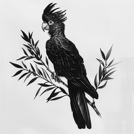 Tattoo sketch of a black cockatoo with yellow tail on a branch, in minimalist black ink style