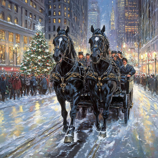 Black Clydesdales pulling a black wagon filled with carolers through a busy city street